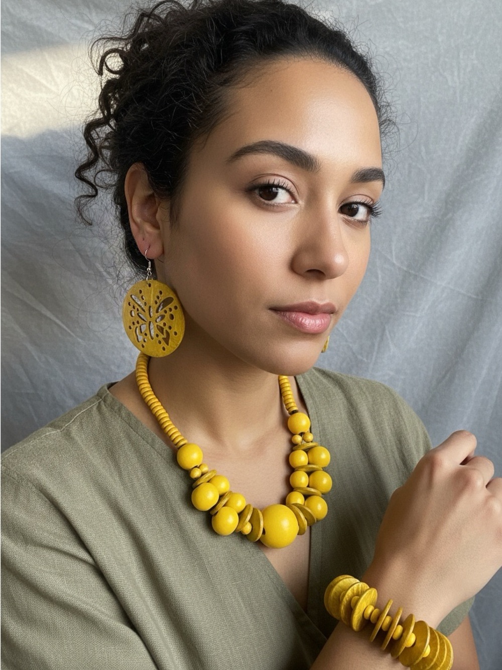 Bold Yellow Wooden Bead Necklace Set with Matching Bracelet and Earrings
